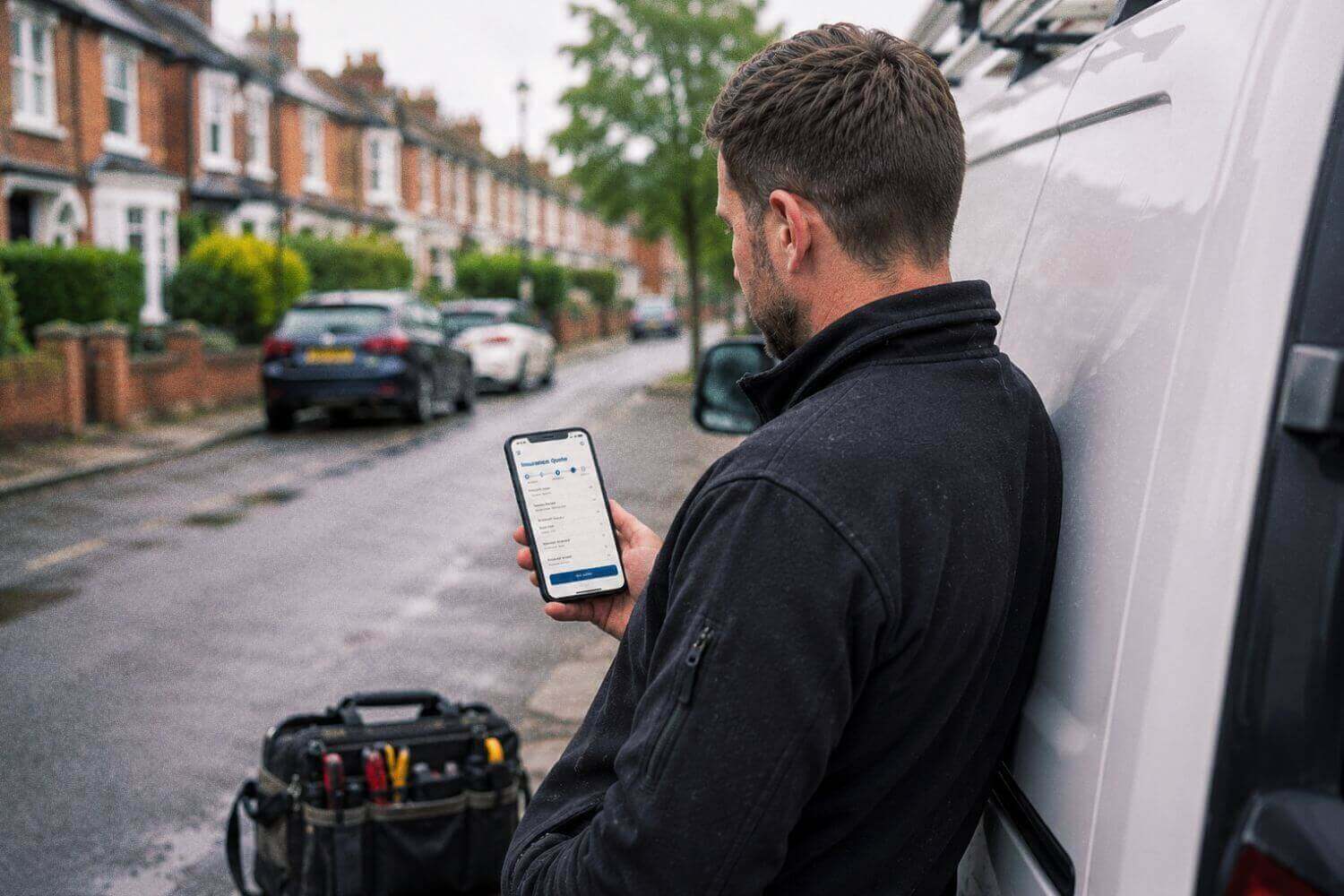 Image of tradesman leaning against white van looking at insurance quotes on his phone, representing article discussing cheap tradesmen insurance