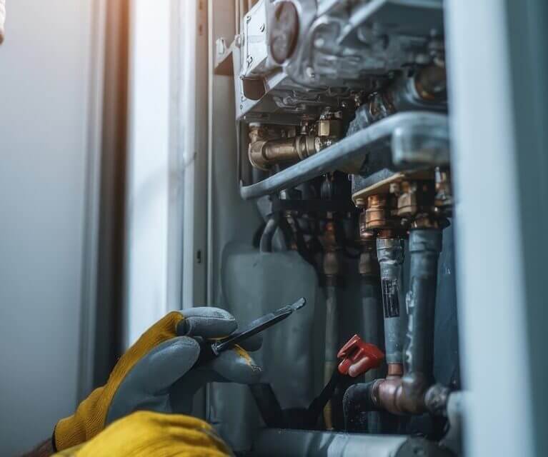 Gas engineer in work gloves repairing the pipework inside a boiler